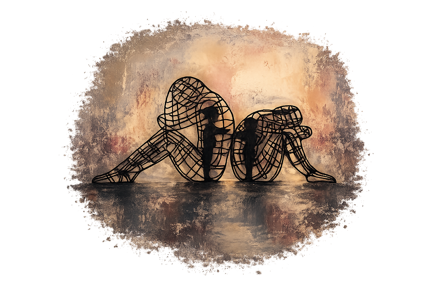 Kunstwerk: twee figuren van draad, rug aan rug, met daarbinnen hun innerlijke kind